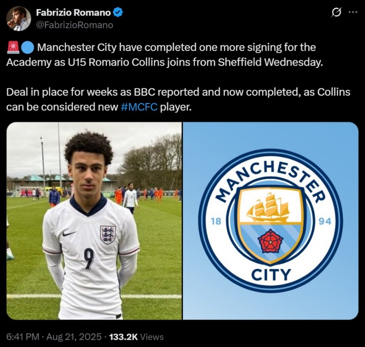 青训引援+1，罗马诺：曼城从谢周三签下U15球员罗马里奥-科林斯